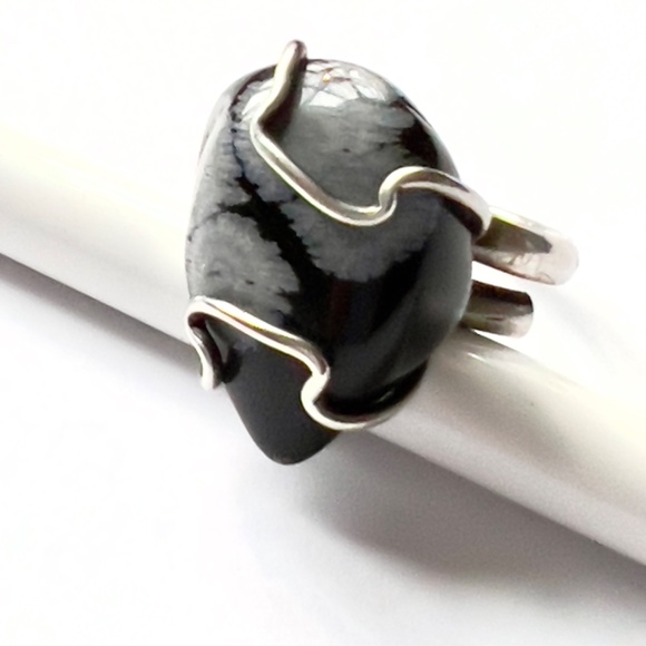 Snowflake Obsidian Statement Ring - 1" Teardrop - Adjustable -Vintage - Picture 8 of 11